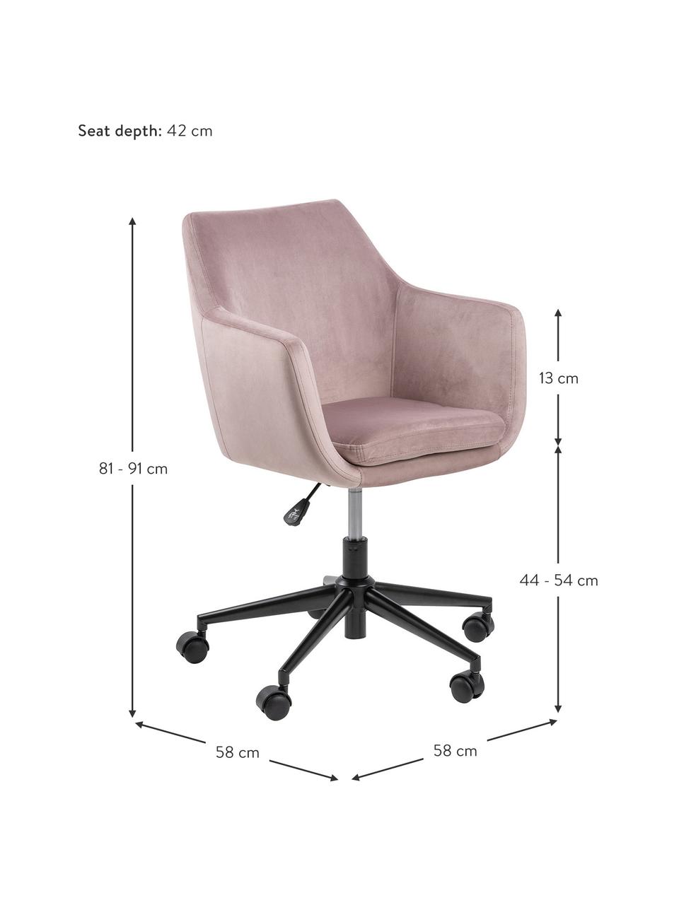 Fauteuil de bureau en velours Nora, hauteur ajustable, Velours rose, larg. 58 x prof. 58 cm