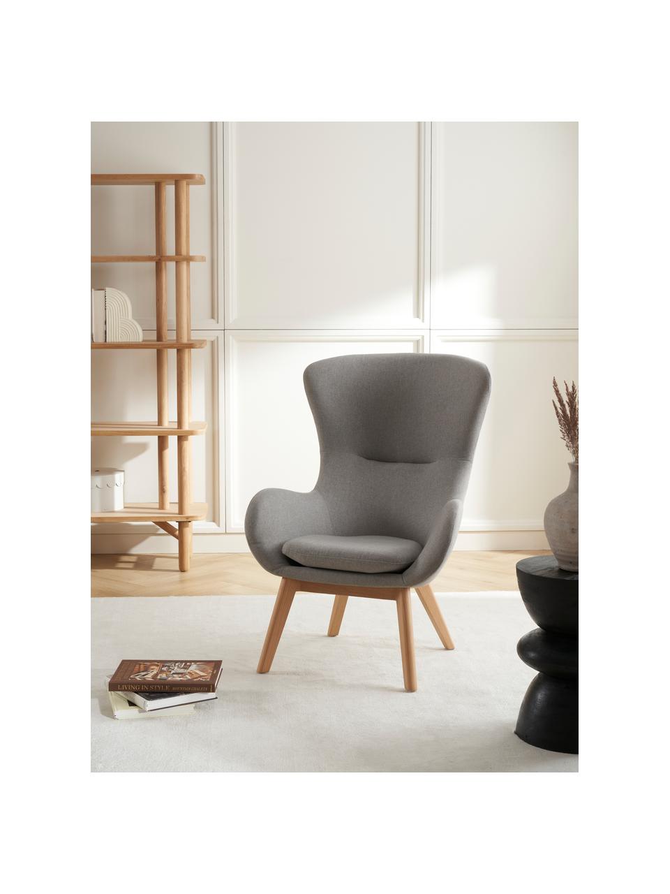 Fauteuil à oreilles avec pieds en bois Wing, Gris, larg. 77 x prof. 89 cm