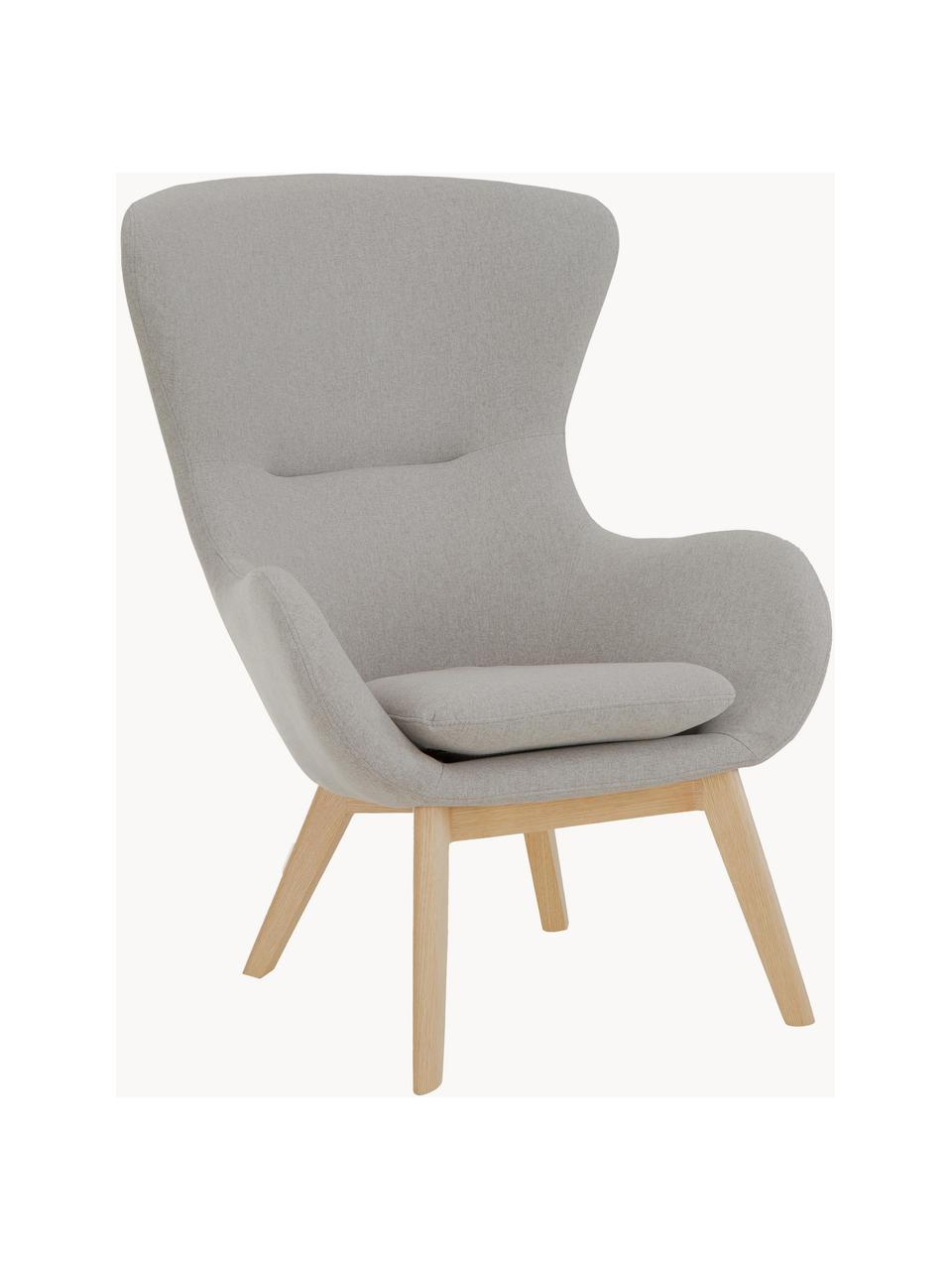 Fauteuil à oreilles avec pieds en bois Wing, Tissu gris, bois clair, larg. 77 x prof. 89 cm