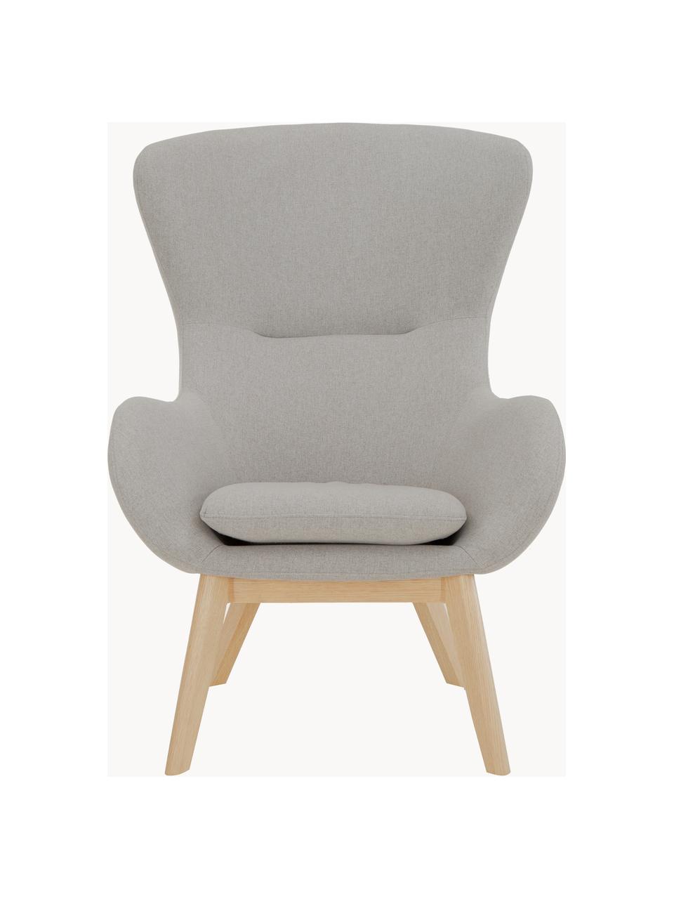 Fauteuil à oreilles avec pieds en bois Wing, Tissu gris, bois clair, larg. 77 x prof. 89 cm