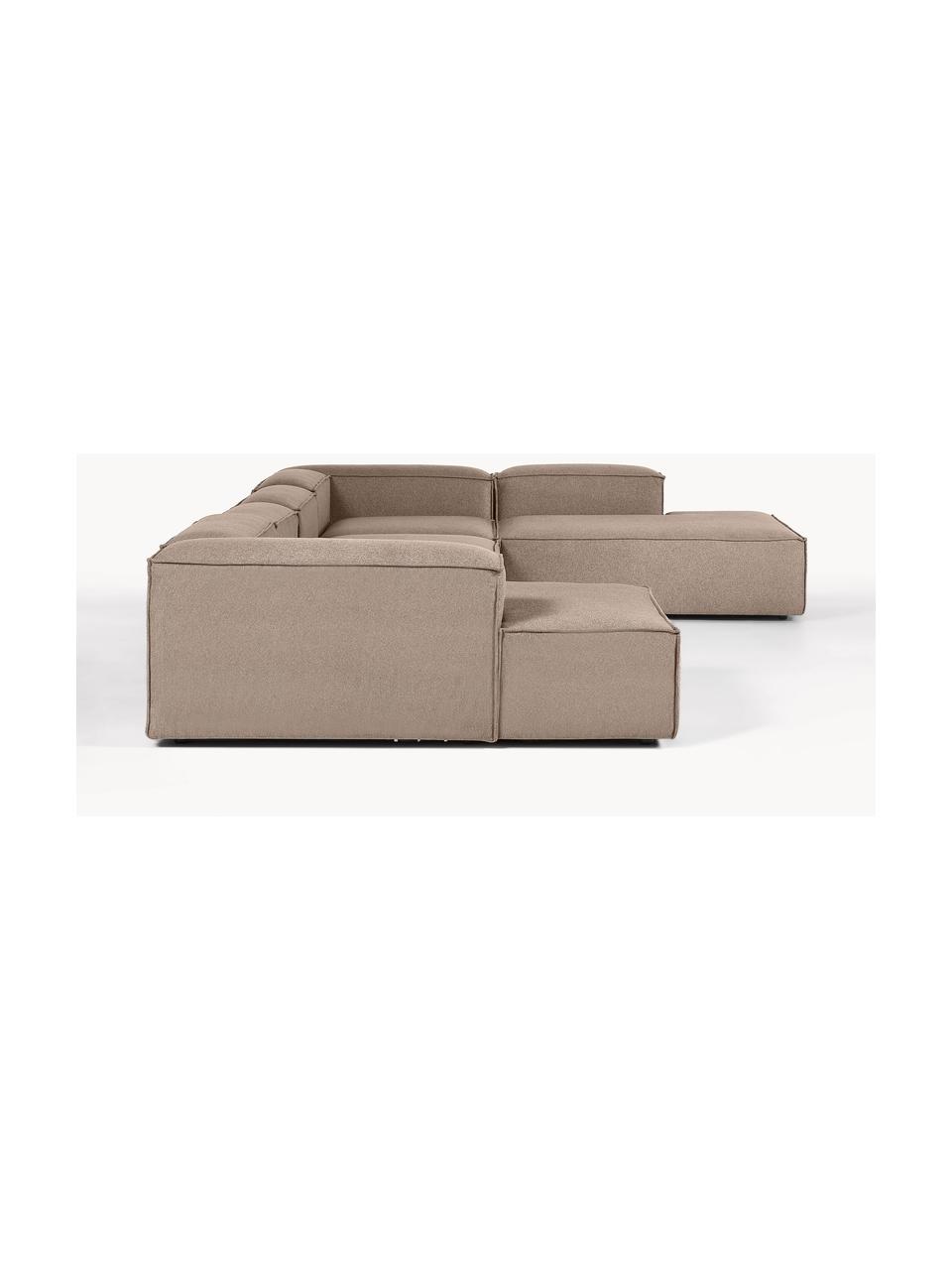 Canapé lounge modulable Lennon, Tissu taupe, larg. 418 x prof. 269 cm, méridienne à droite