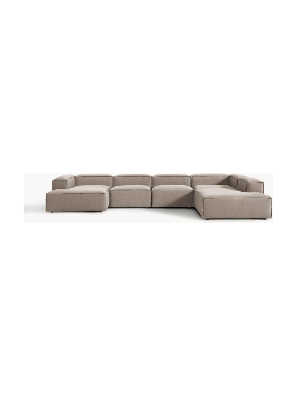 Canapé lounge modulable Lennon, Tissu taupe, larg. 418 x prof. 269 cm, méridienne à gauche