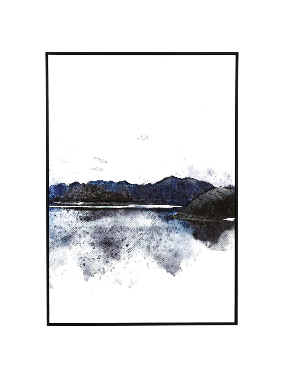 Impression sur toile peinte à la main Horizonte, Blanc, noir, bleu, larg. 100 x haut. 140 cm