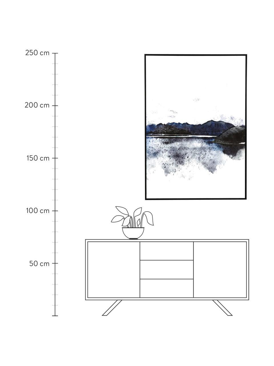 Impression sur toile peinte à la main Horizonte, Blanc, noir, bleu, larg. 100 x haut. 140 cm