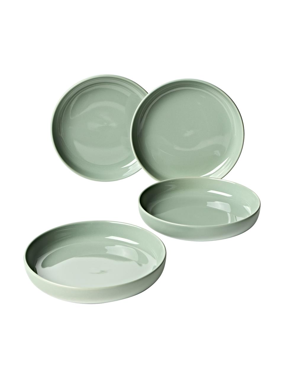 Platos hondos de porcelana Nessa, 4 uds., Porcelana dura de alta calidad, Verde salvia, Ø 21 cm