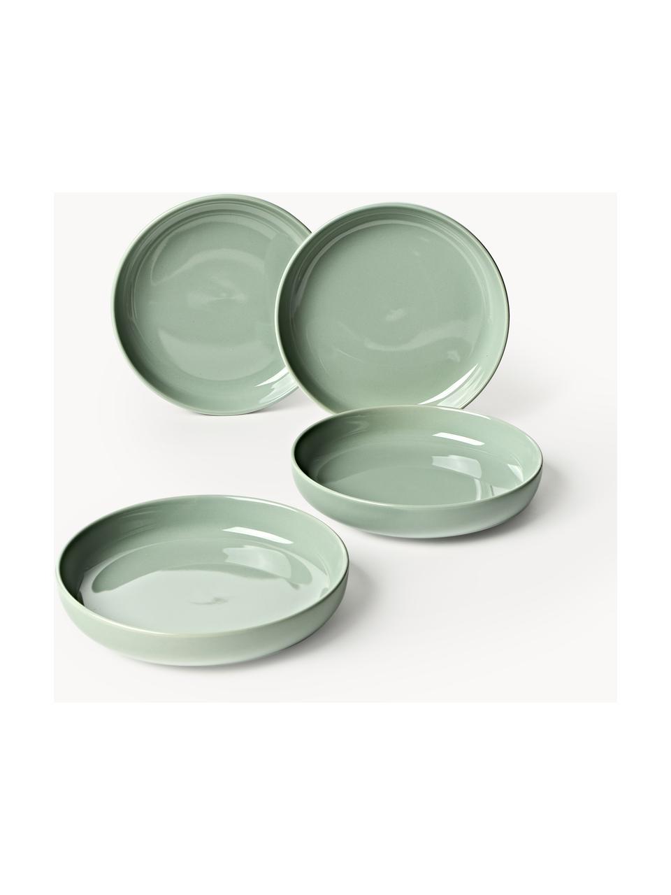 Porcelánové talíře na těstoviny Nessa, 4 ks, Vysoce kvalitní tvrdý porcelán, glazovaný, Šalvějově zelená, lesklá, Ø 21 cm