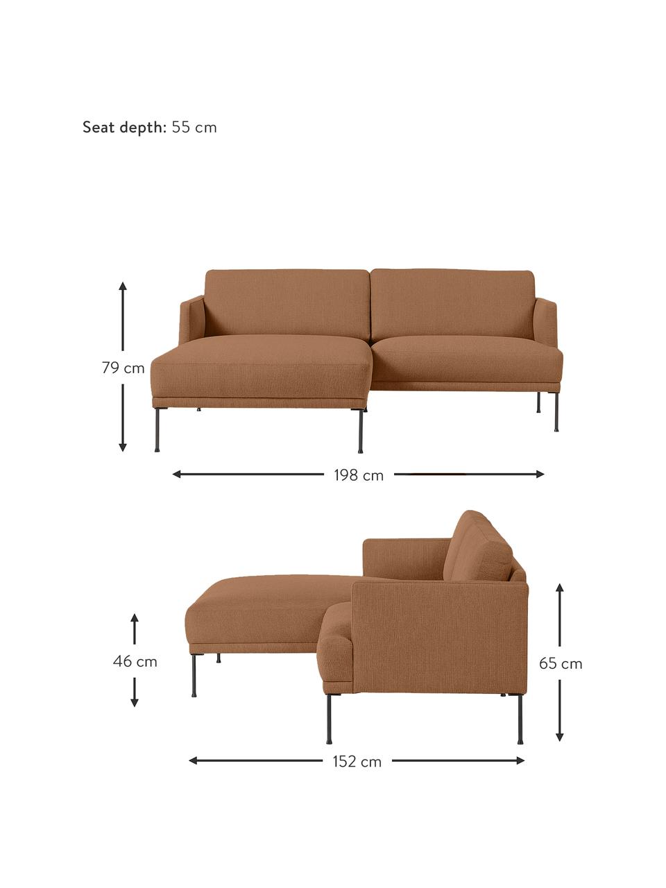Sofa narożna z metalowymi nogami Fluente, Tapicerka: 100% poliester Dzięki tka, Stelaż: lite drewno sosnowe z cer, Nogi: metal malowany proszkowo, Nugatowa tkanina, S 198 x G 152 cm, lewostronna