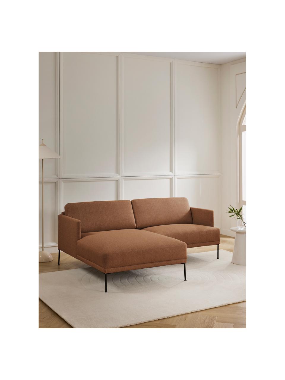Sofa narożna z metalowymi nogami Fluente, Tapicerka: 100% poliester Dzięki tka, Stelaż: lite drewno sosnowe z cer, Nogi: metal malowany proszkowo, Nugatowa tkanina, S 198 x G 152 cm, lewostronna