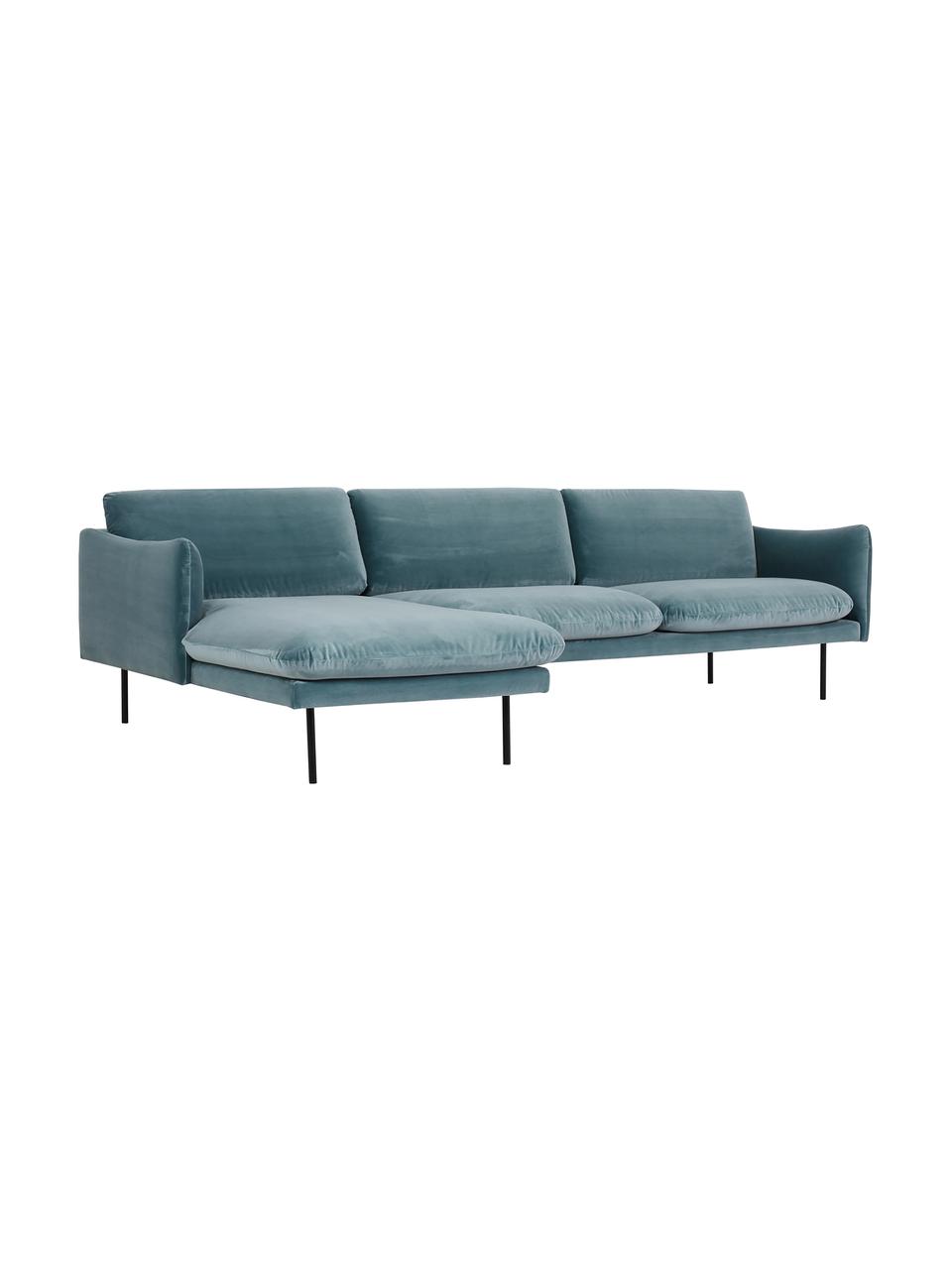 Sofa narożna z aksamitu z metalowymi nogami Moby, Tapicerka: aksamit (wysokiej jakości, Stelaż: lite drewno sosnowe z cer, Nogi: metal malowany proszkowo, Turkusowy aksamit, S 280 x G 160 cm, lewostronna