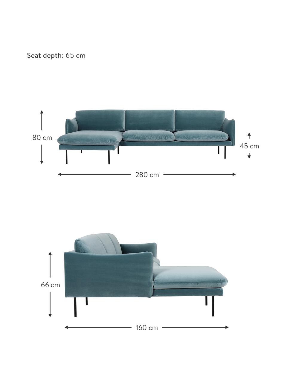 Fluwelen hoekbank Moby met metalen poten, Bekleding: fluweel (hoogwaardig poly, Frame: massief grenenhout, FSC-g, Poten: gepoedercoat metaal, Fluweel turquoise, B 280 x D 160 cm, hoekdeel links