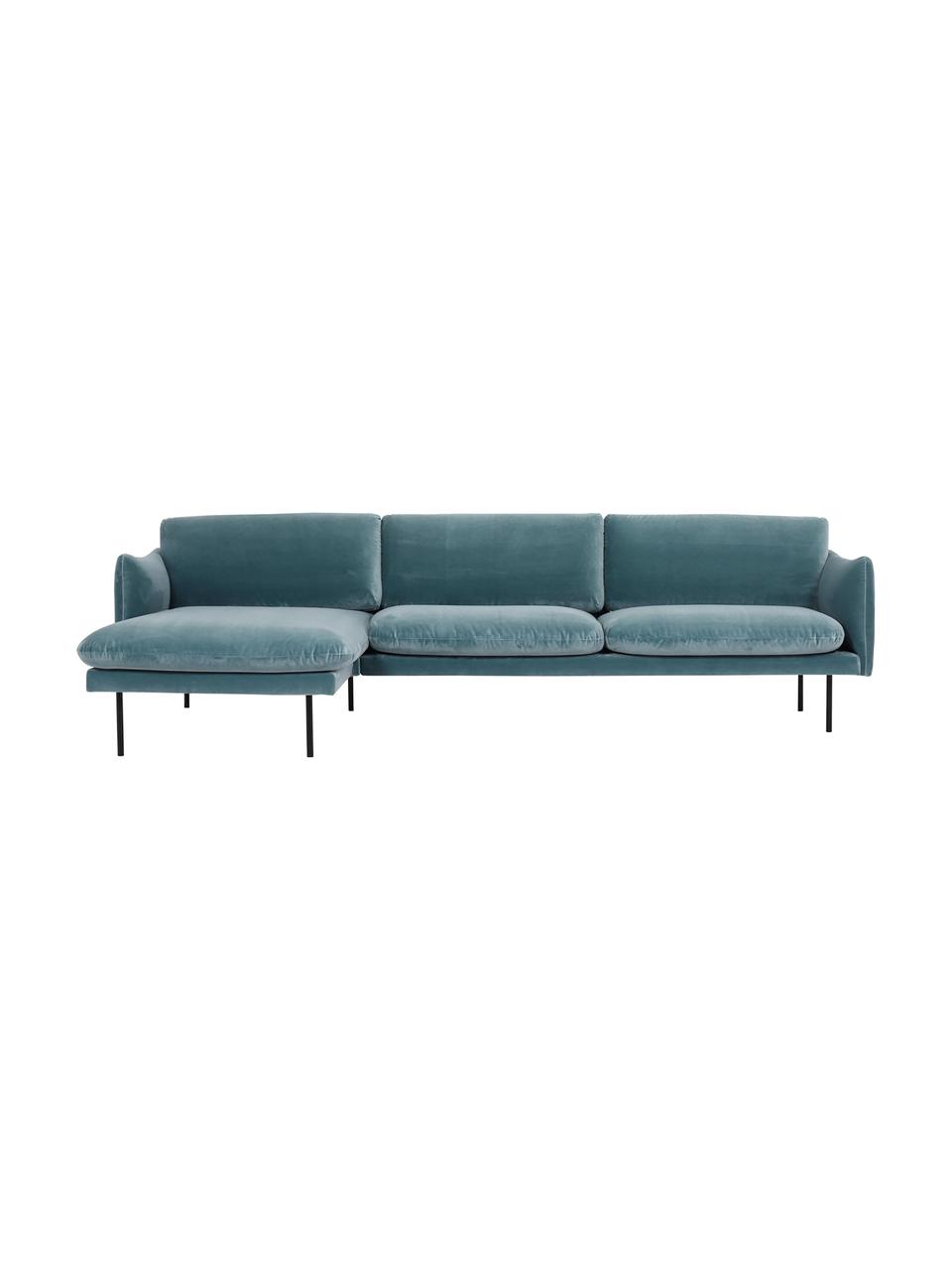 Canapé d'angle en velours et pieds en métal Moby, Velours turquoise, larg. 280 x prof. 160 cm, méridienne à gauche