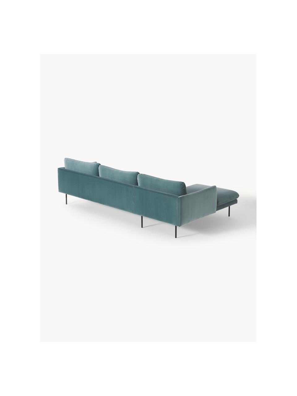 Sofa narożna z aksamitu Moby, Tapicerka: aksamit (wysokiej jakości, Stelaż: lite drewno sosnowe, Nogi: metal malowany proszkowo , Petrol aksamit, S 280 x G 160 cm, lewostronna