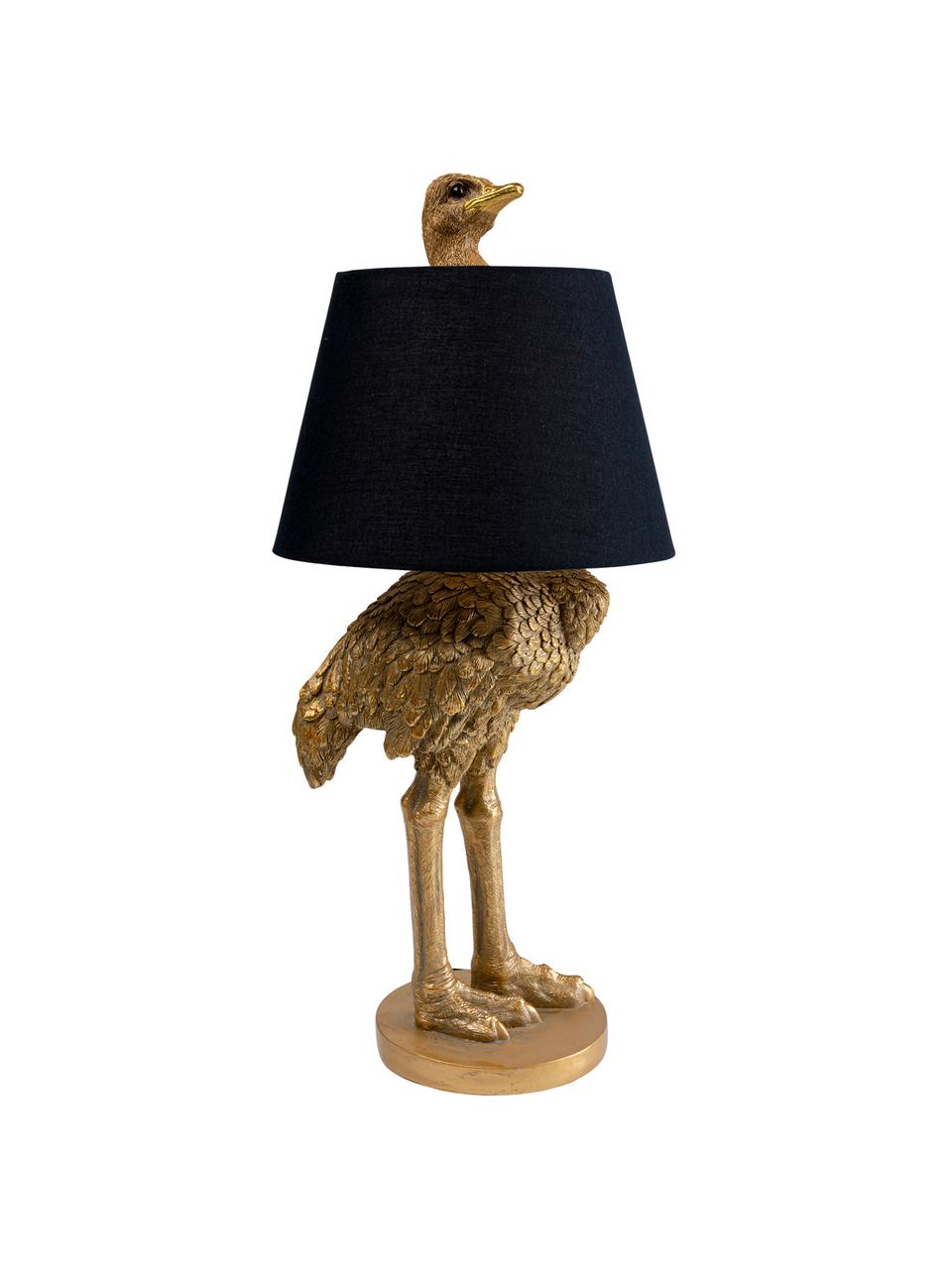 Grote handgemaakte tafellamp Ostrich, Lampvoet: polyresin, Lampenkap: katoen, hennepkleurig, Messingkleurig, Ø 30 x H 69 cm