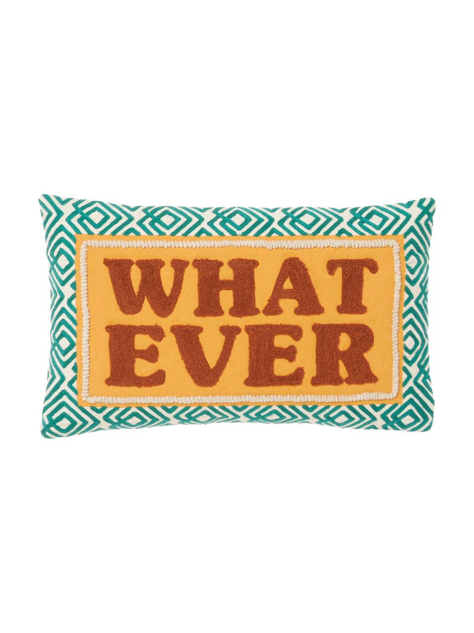 Kussenhoes Whatever met geborduurde tekst, Oranje, groen, B 30 x L 50 cm