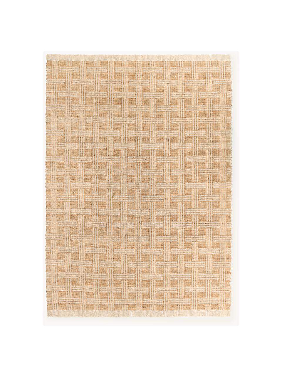 Handgewebter Teppich Almir mit Fransen, 70 % Jute, 30 % Baumwolle, Hellbraun, Cremeweiß, B 120 x L 180 cm (Größe S)