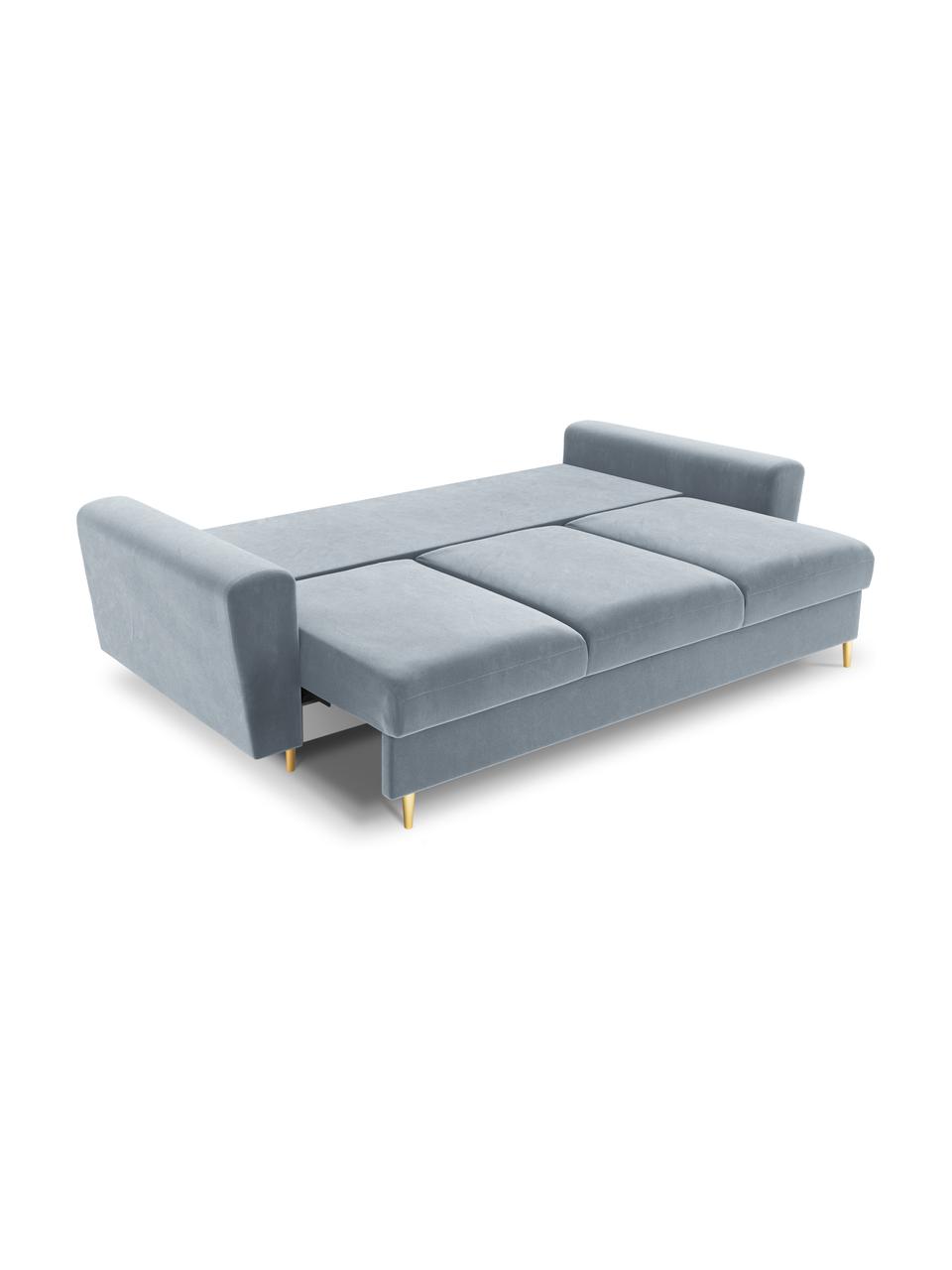 Sofá cama de terciopelo Moghan (3 plazas), con espacio de almacenamiento, Tapizado: 100% terciopelo de poliés, Estructura: madera de pino maciza, ag, Patas: metal revestido, Terciopelo azul claro, patas dorado, An 235 x F 100 cm