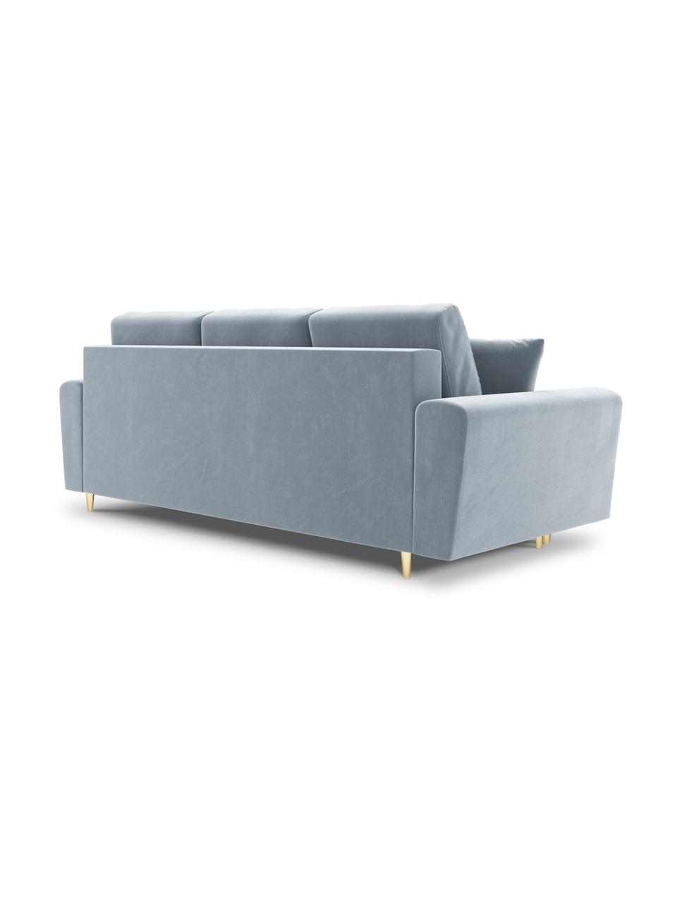 Sofa rozkładana z aksamitu z miejscem do przechowywania Moghan (3-osobowa), Tapicerka: 100% aksamit poliestrowy , Stelaż: lite drewno sosnowe, płyt, Nogi: metal powlekany, Jasnoniebieski aksamit, odcienie złotego, S 235 x G 100 cm