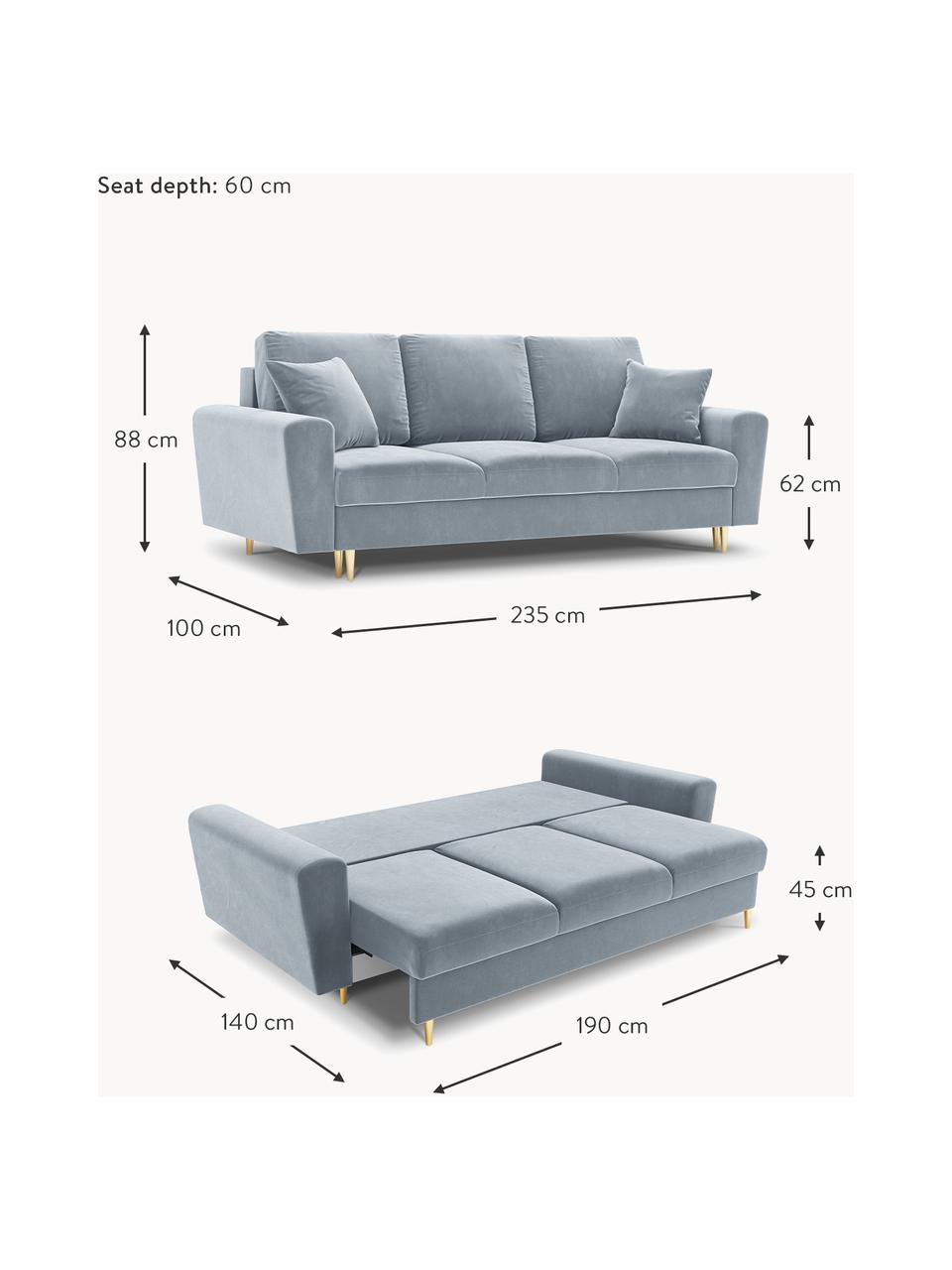 Fluwelen slaapbank Moghan (3-zits) met opbergruimte, Bekleding: 100% polyester fluweel He, Frame: massief grenenhout, spaan, Fluweel lichtblauw, goudkleurig, B 235 x D 100 cm