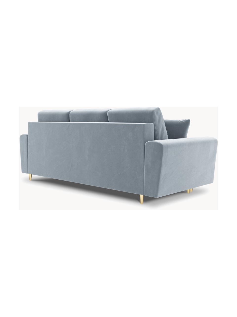 Canapé d'angle 3 places en velours avec rangement Moghan, Velours bleu ciel, couleur dorée, larg. 235 x prof. 100 cm