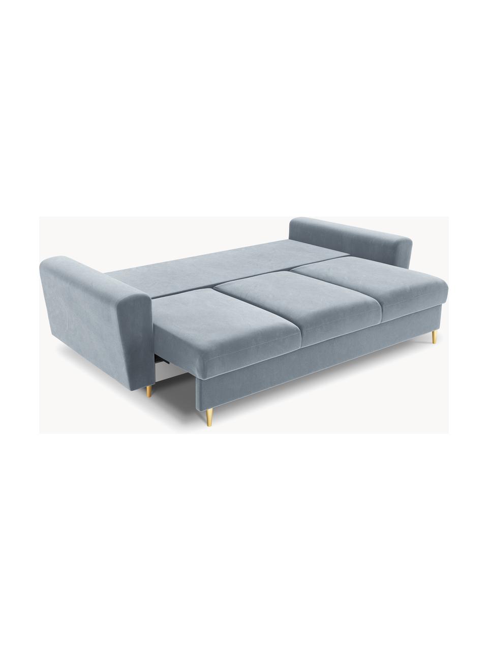Canapé d'angle 3 places en velours avec rangement Moghan, Velours bleu ciel, couleur dorée, larg. 235 x prof. 100 cm