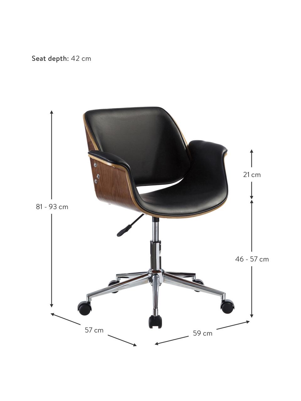 Kunstleren bureaustoel Marbella in zwart, in hoogte verstelbaar, Zitvlak: hout, kunstleer (polyuret, Frame: metaal, gepolijst, Wieltjes: kunststof, Zwart, bruin, zilverkleurig, B 59 x D 57 cm