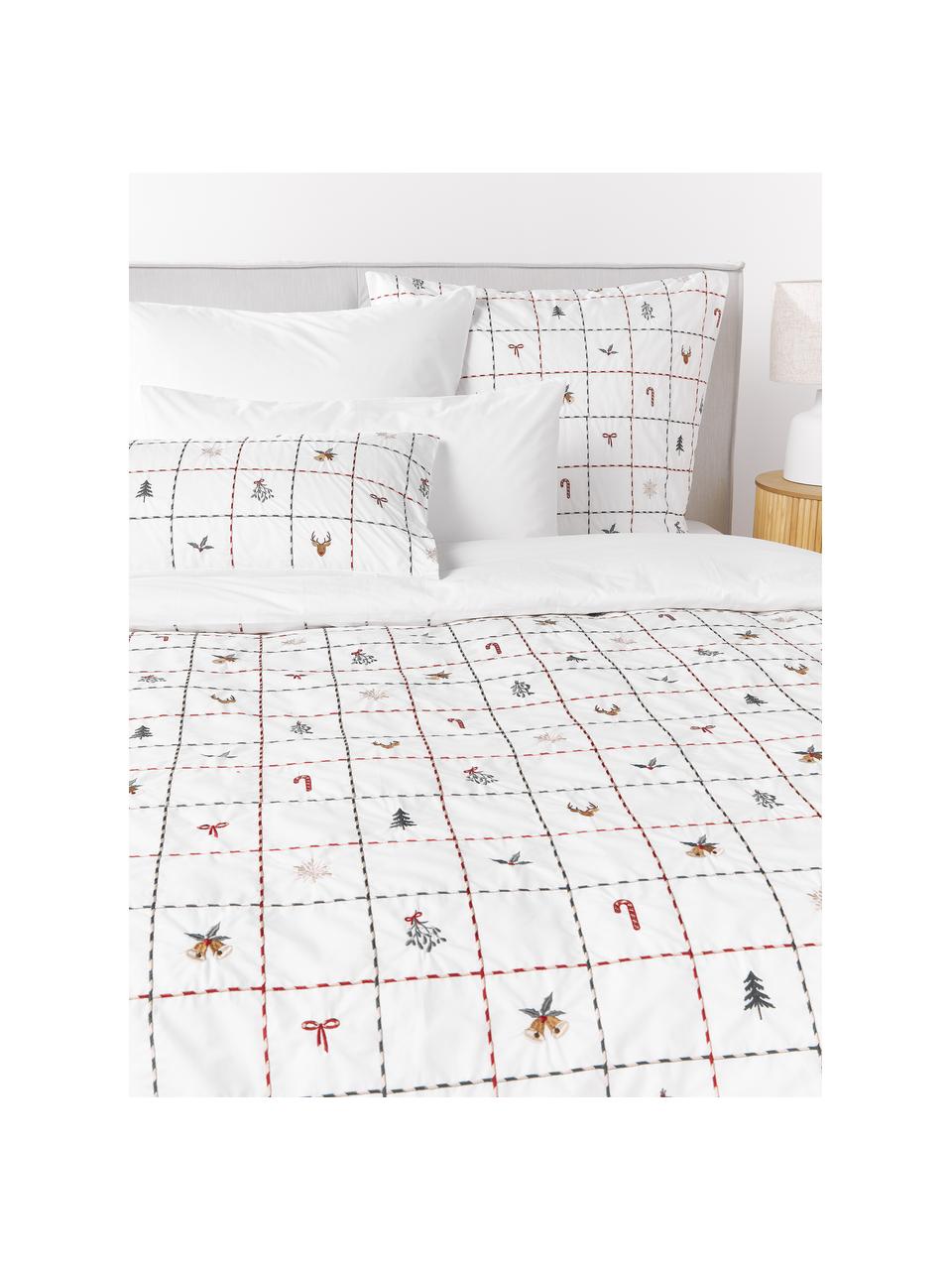 Housse de couette en percale de coton avec imprimé Noël brodé Rudy, Blanc, multicolore, larg. 200 x long. 200 cm