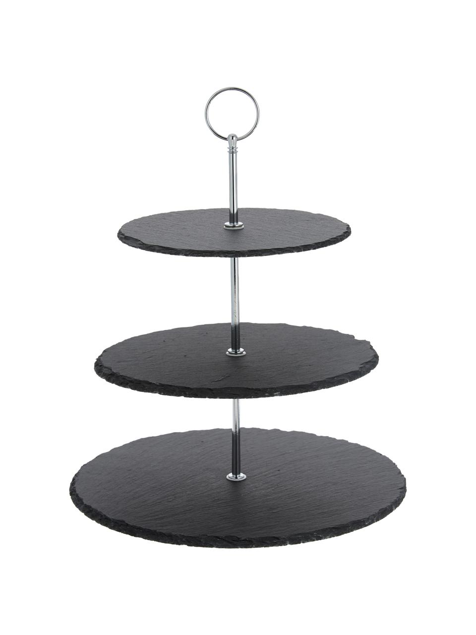 Etagère Cooper met leistenen plateaus, Plateaus: leisteen, Frame: verchroomd metaal, Zwart, chroomkleurig, Ø 30 x H 31 cm