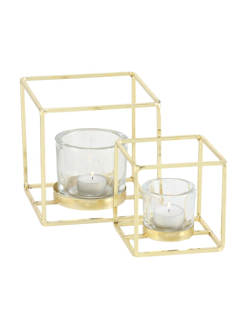 Set de portavelas Pazo, 2 uds., Portavelas: vidrio, Estructura: metal recubierto, Transparente, latón, Set de diferentes tamaños