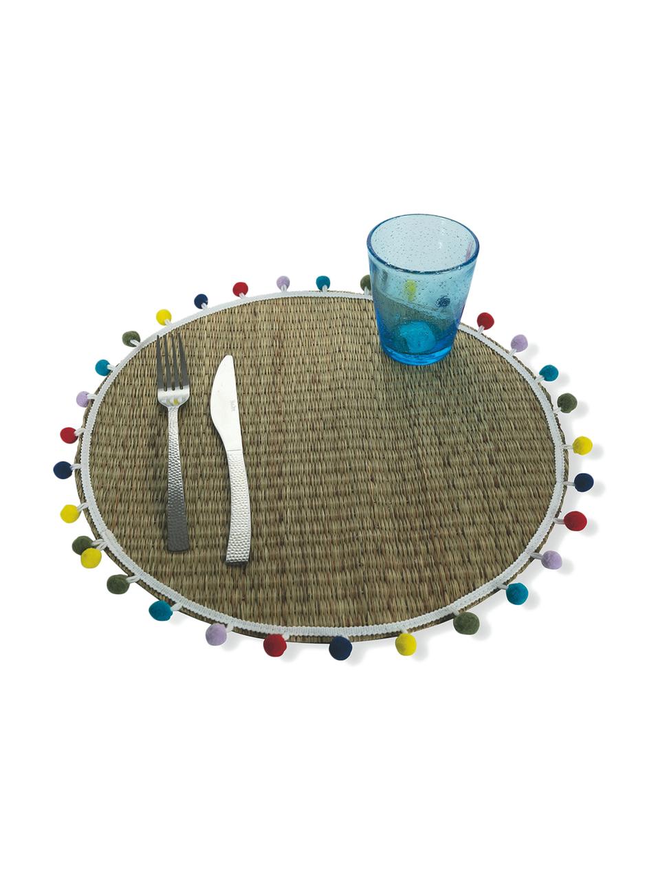 Ronde placemats Mexico me kleurrijke pompons, 2 stuks, Raffia, Beige, multicolour, Ø 38 cm