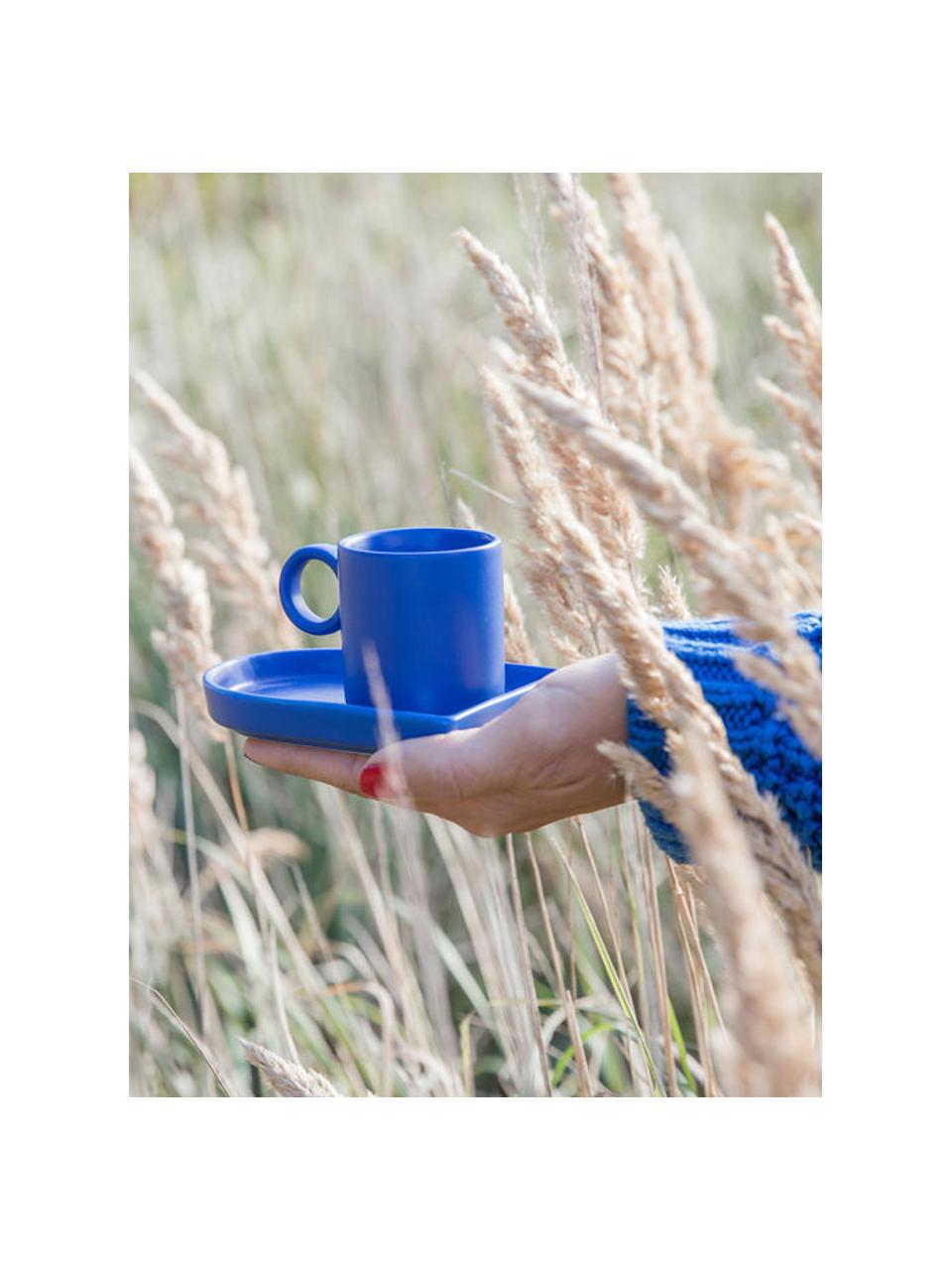 Tazas de café expresso con platitos de porcelana Niki, 2 uds., Porcelana, Azul, Ø 6 x Al 6 cm, 80 ml