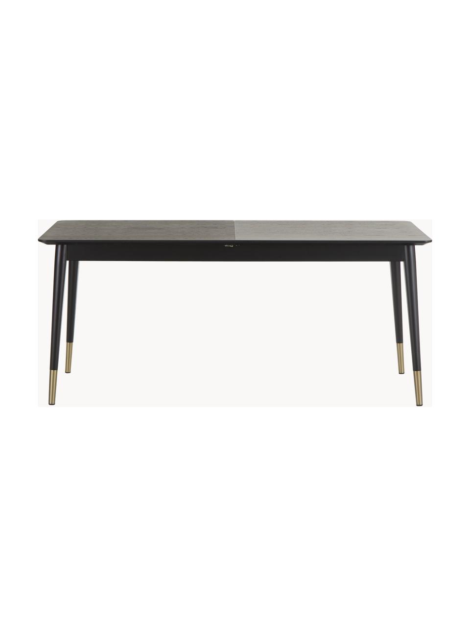 Uitschuifbare eettafel Fenwood, 180 - 260 x 90 cm, Tafelblad: gebeitst en gelakt MDF me, Poten: massief gedraaid en gelak, Zwart, messingkleurig, B 180/260 x D 90 cm