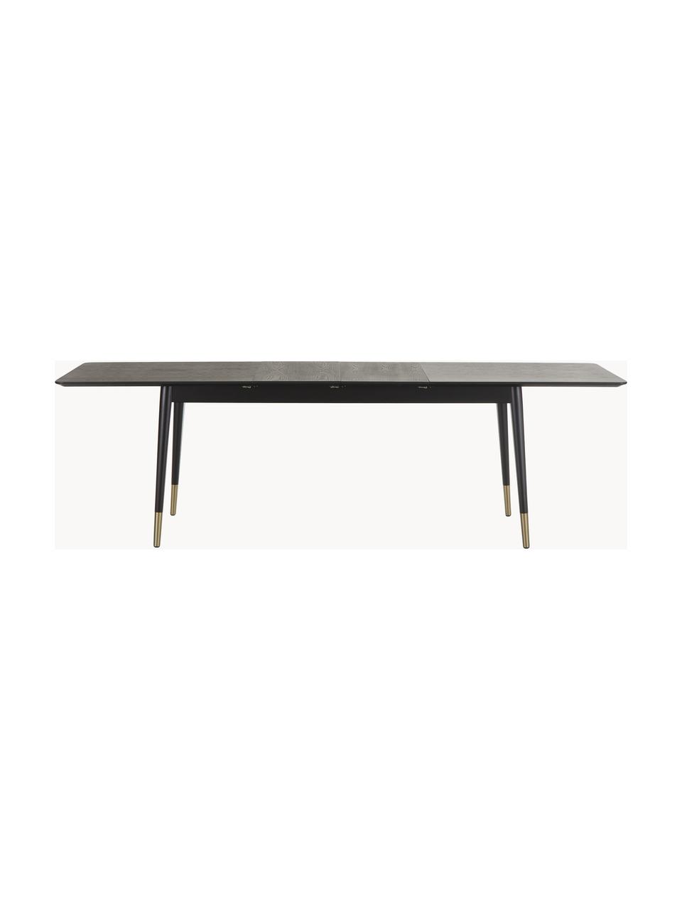 Uitschuifbare eettafel Fenwood, 180 - 260 x 90 cm, Tafelblad: gebeitst en gelakt MDF me, Poten: massief gedraaid en gelak, Zwart, messingkleurig, B 180/260 x D 90 cm