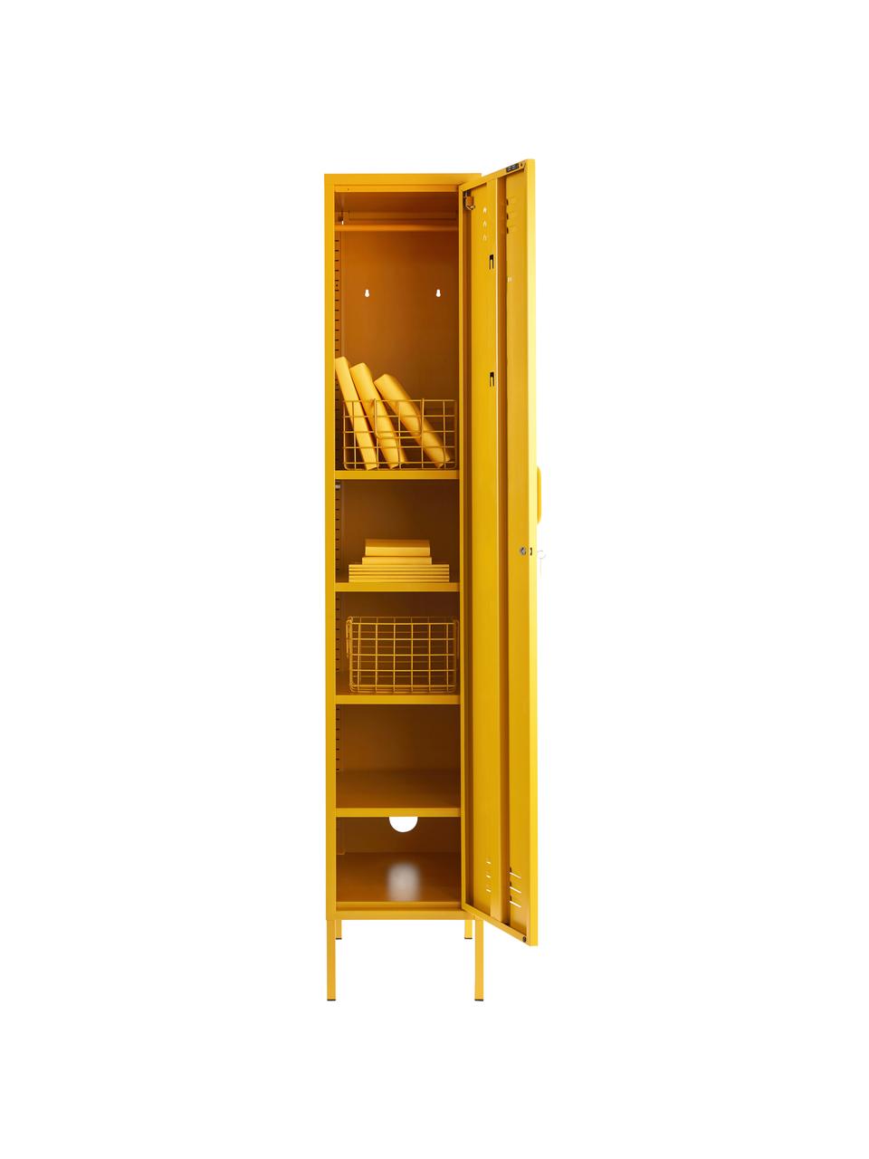 Armario taquilla pequeño Skinny, Acero con pintura en polvo, Amarillo mostaza, Cama 150/160 cm (240 x 220 cm)