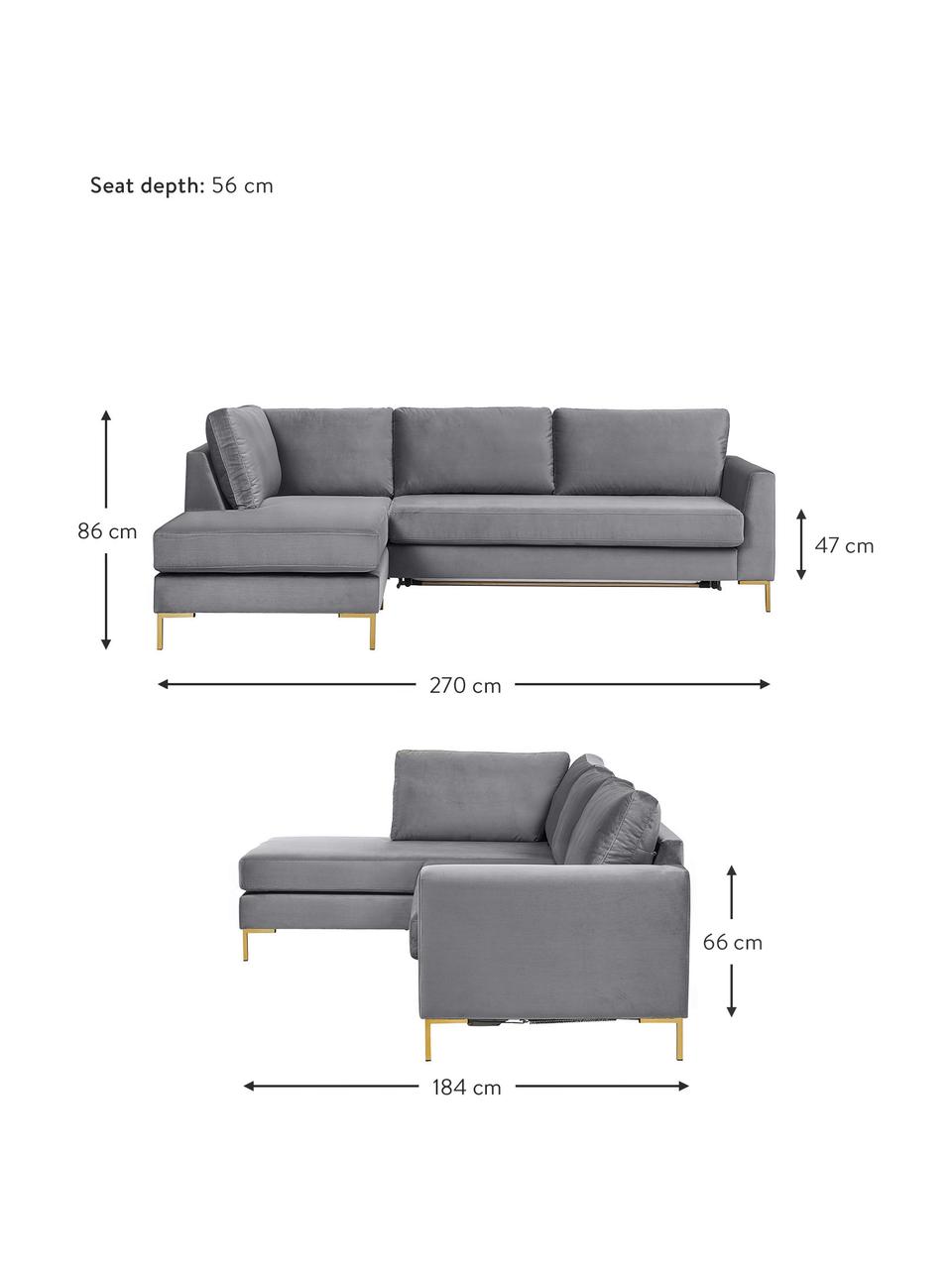 Sofa narożna z aksamitu z metalowymi nogami z funkcją spania Luna, Tapicerka: 100% poliester, certyfika, Stelaż: lite drewno bukowe, drewn, Nogi: metal galwanizowany, Ciemnoszary aksamit, S 270 x G 184 cm, lewostronna