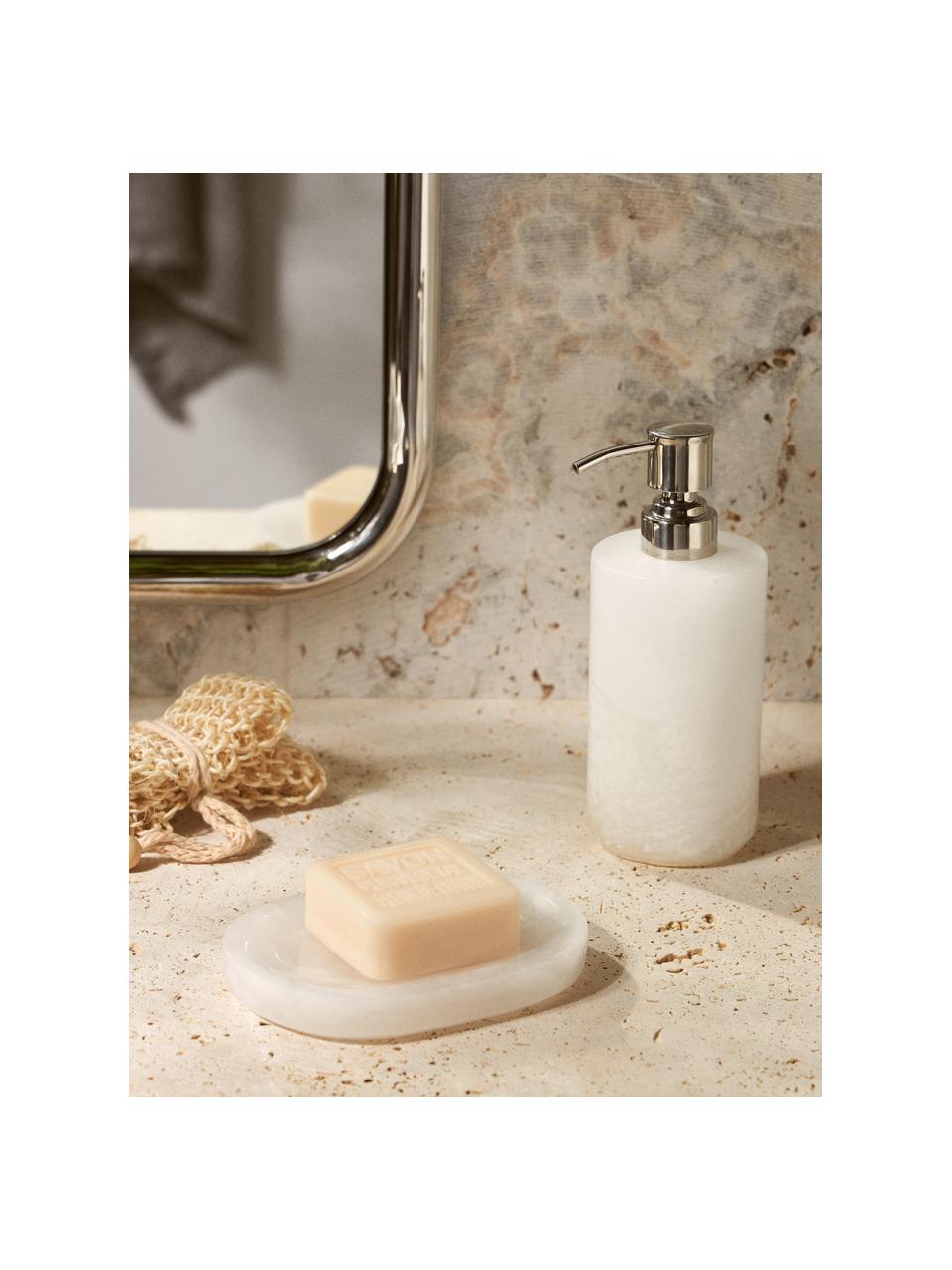 Dispenser sapone in alabastro Valo, Contenitore: alabastro, Testa della pompa: plastica, Bianco, Ø 7 x Alt. 18 cm