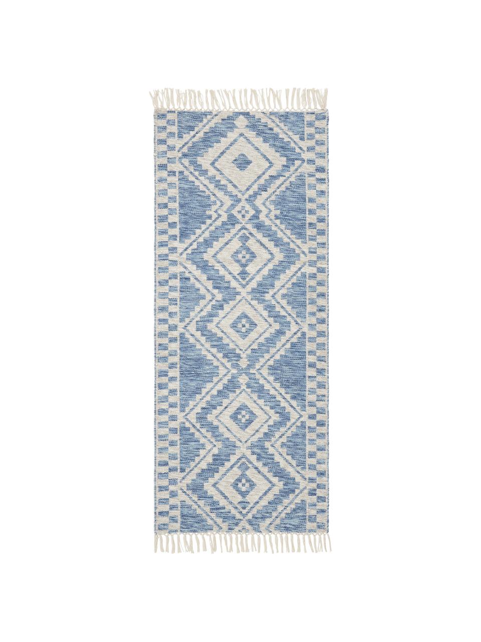 Tapis de couloir laine bleu Cindrella, Blanc naturel, bleu