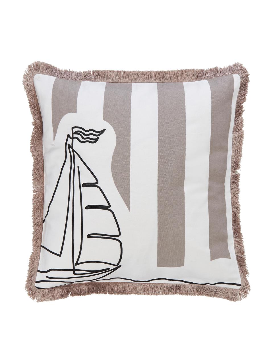 Gestreepte kussenhoes Maila met maritiem motief van biokatoen, 100% GOTS gecertificeerd biokatoen., Wit, beige, B 45 x L 45 cm