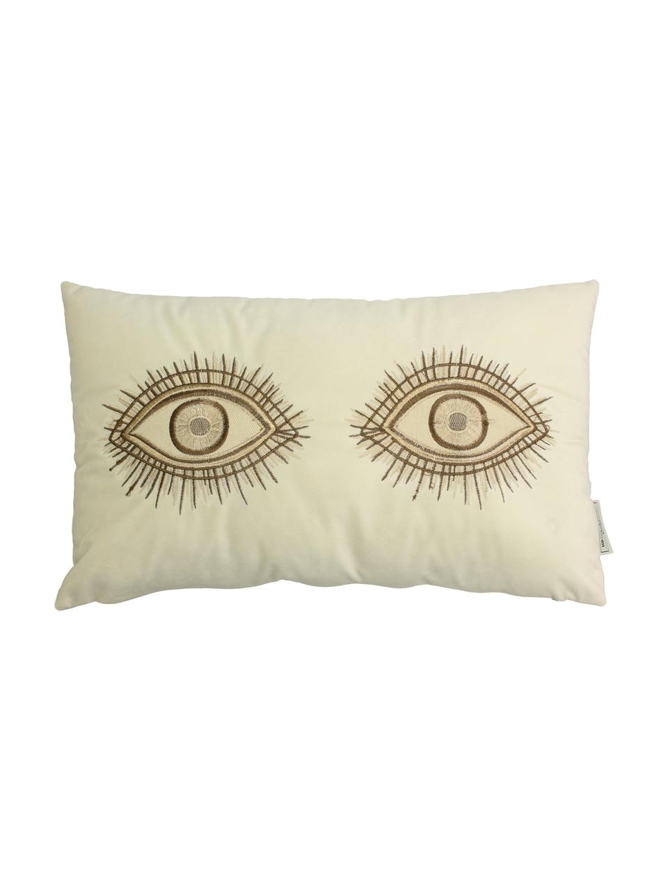 Fluwelen kussen Eyes met borduurwerk, met vulling, 100% fluweel, Ivoorkleurig, bruin, 30 x 50 cm