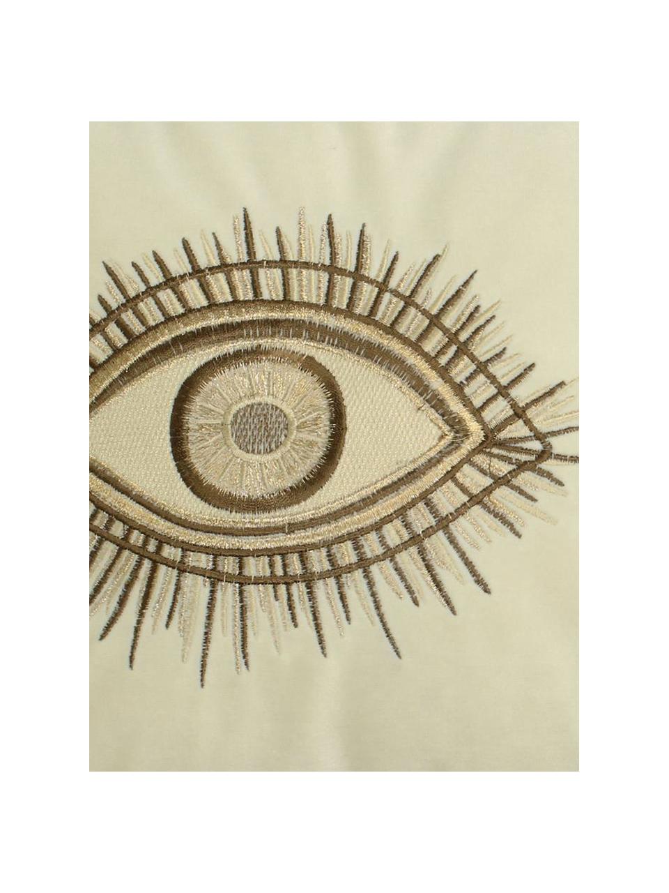 Haftowana poduszka z aksamitu z wypełnieniem Eyes, 100% aksamit, Kość słoniowa, brązowy, S 30 x D 50 cm