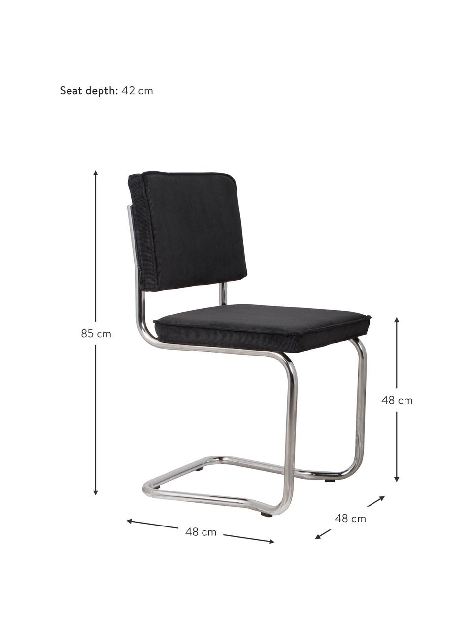 Chaise cantilever en velours côtelé Kink, Revêtement : noir Structure : chrome, larg. 48 x prof. 48 cm