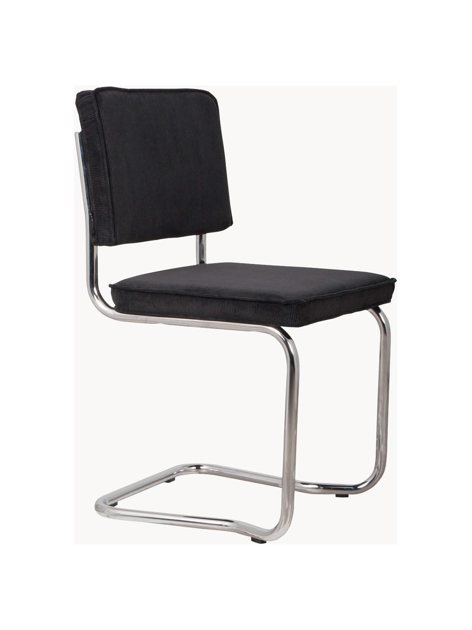 Chaise cantilever en velours côtelé Kink, Velours côtelé noir, cadre chrome, larg. 48 x prof. 48 cm