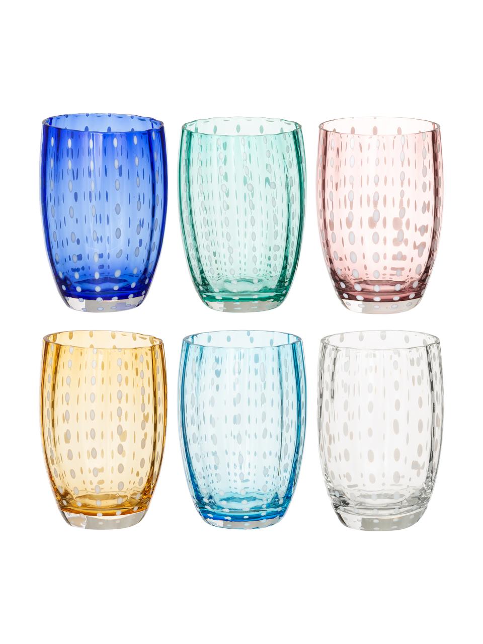 Mondgeblazen waterglazen Perle, 6 stuks, Glas, Transparant, wit, aqua, amberkleurig, pastelviolet, rood en groen, Ø 7 x H 11 cm