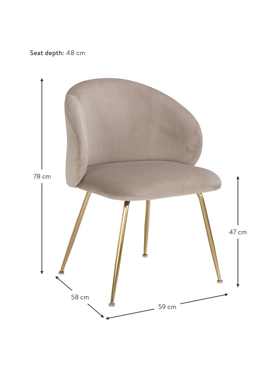 Fluwelen stoelen Luisa in taupe, 2 stuks, Bekleding: fluweel (100% polyester), Poten: gepoedercoat metaal, Fluweel taupe, goudkleurig, B 59 x D 58 cm