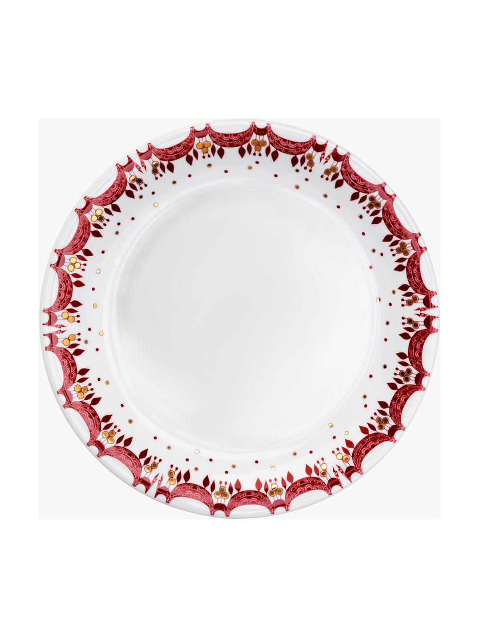 Handbemalte Weihnachts-Speiseteller Guirlande, 4 Stück, Porzellan, Weiß, Rot, Goldfarben, Ø 29 cm