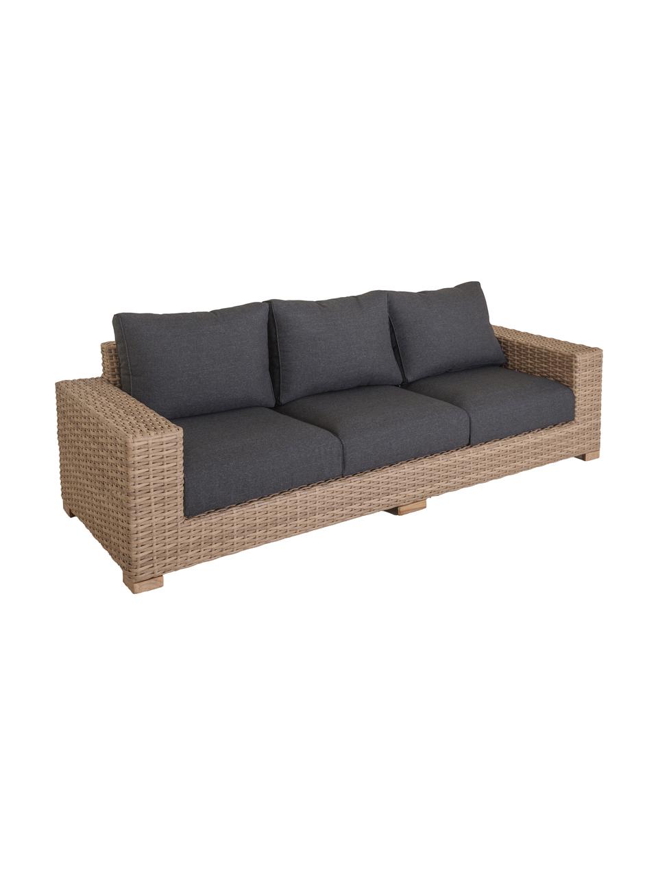 Garten-Loungesofa Saba aus Polyratten (3-Sitzer), Korpus: Polyrattan, UV-beständig, Füße: Akazienholz, massiv, Gestell: Aluminium, Bezug: Polyester, UV-beständig u, Braun, B 248 x T 88 cm