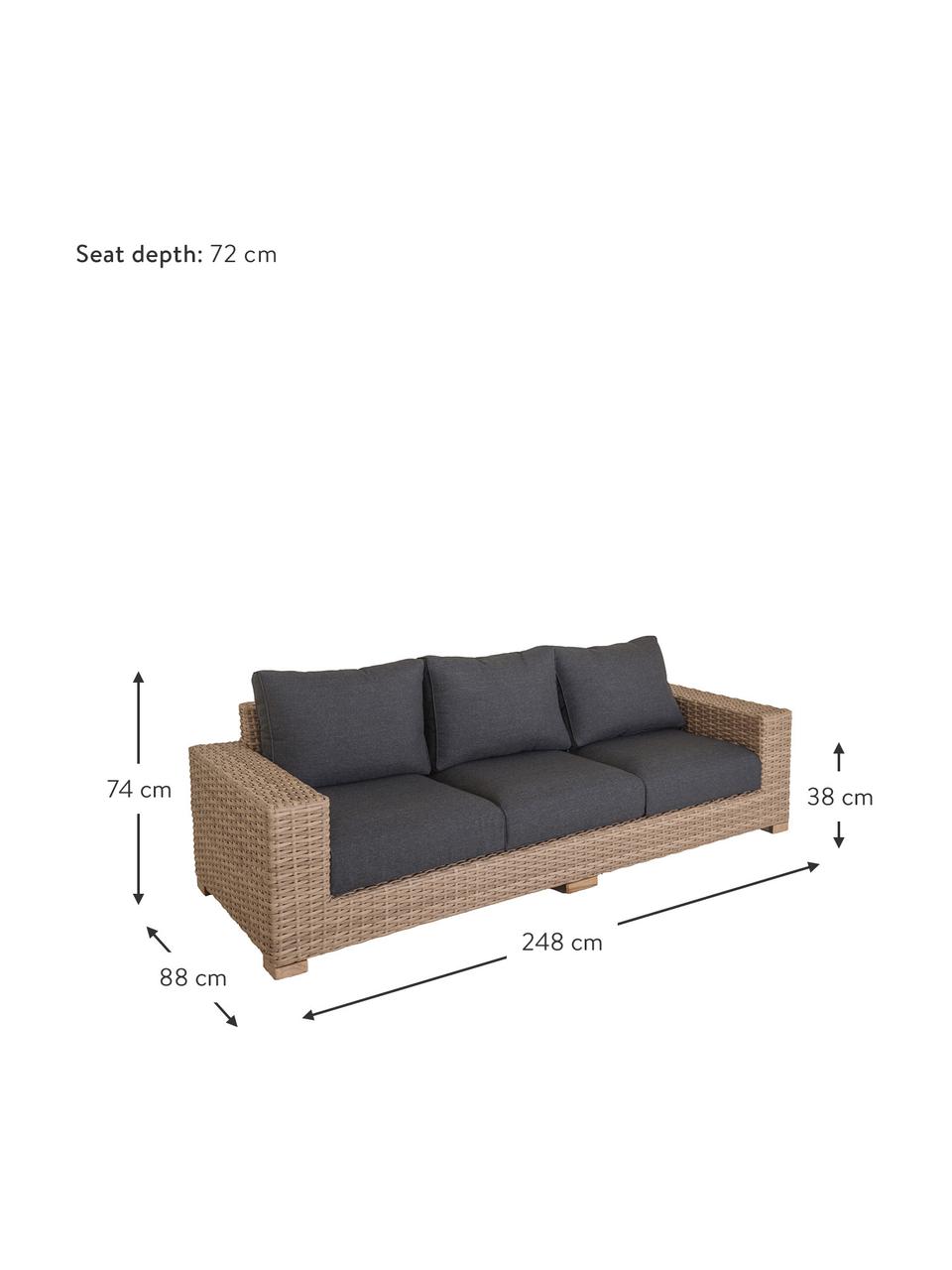 Garten-Loungesofa Saba aus Polyratten (3-Sitzer), Korpus: Polyrattan, UV-beständig, Füße: Akazienholz, massiv, Gestell: Aluminium, Bezug: Polyester, UV-beständig u, Braun, B 248 x T 88 cm