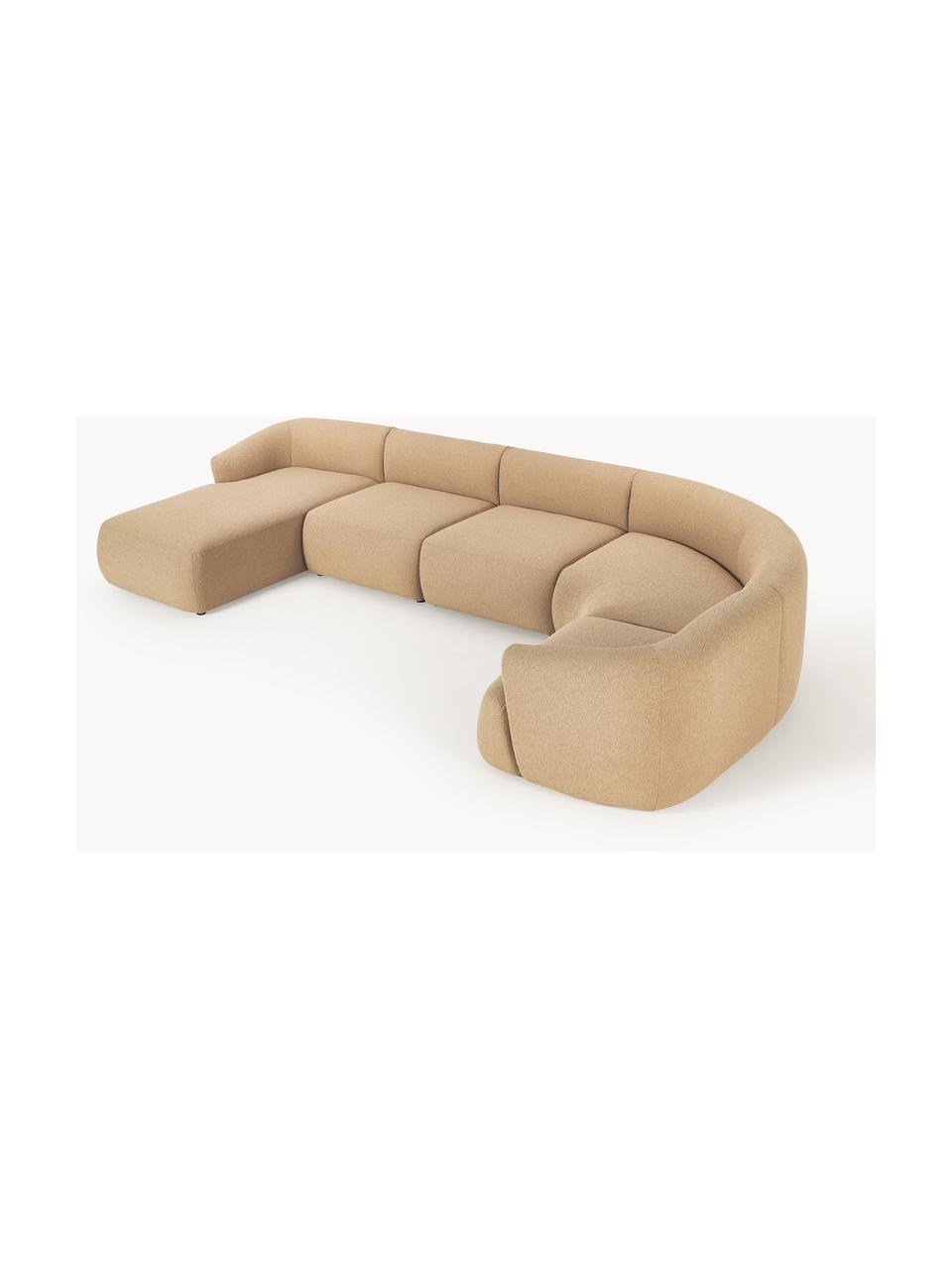 Sofá rinconera modular en tejido bouclé Sofia, Tapizado: tejido bouclé (100% polié, Estructura: madera de abeto, tablero , Patas: plástico Este producto es, Bouclé beige, An 404 x F 231 cm, chaise longue derecha