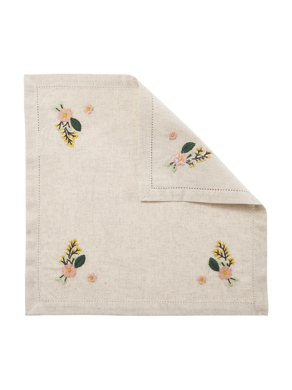 Servilletas de tela mezcla de lino Argo, 4 uds., 75% algodón, 25% lino, Beige con motivo floral, An 40 x L 40