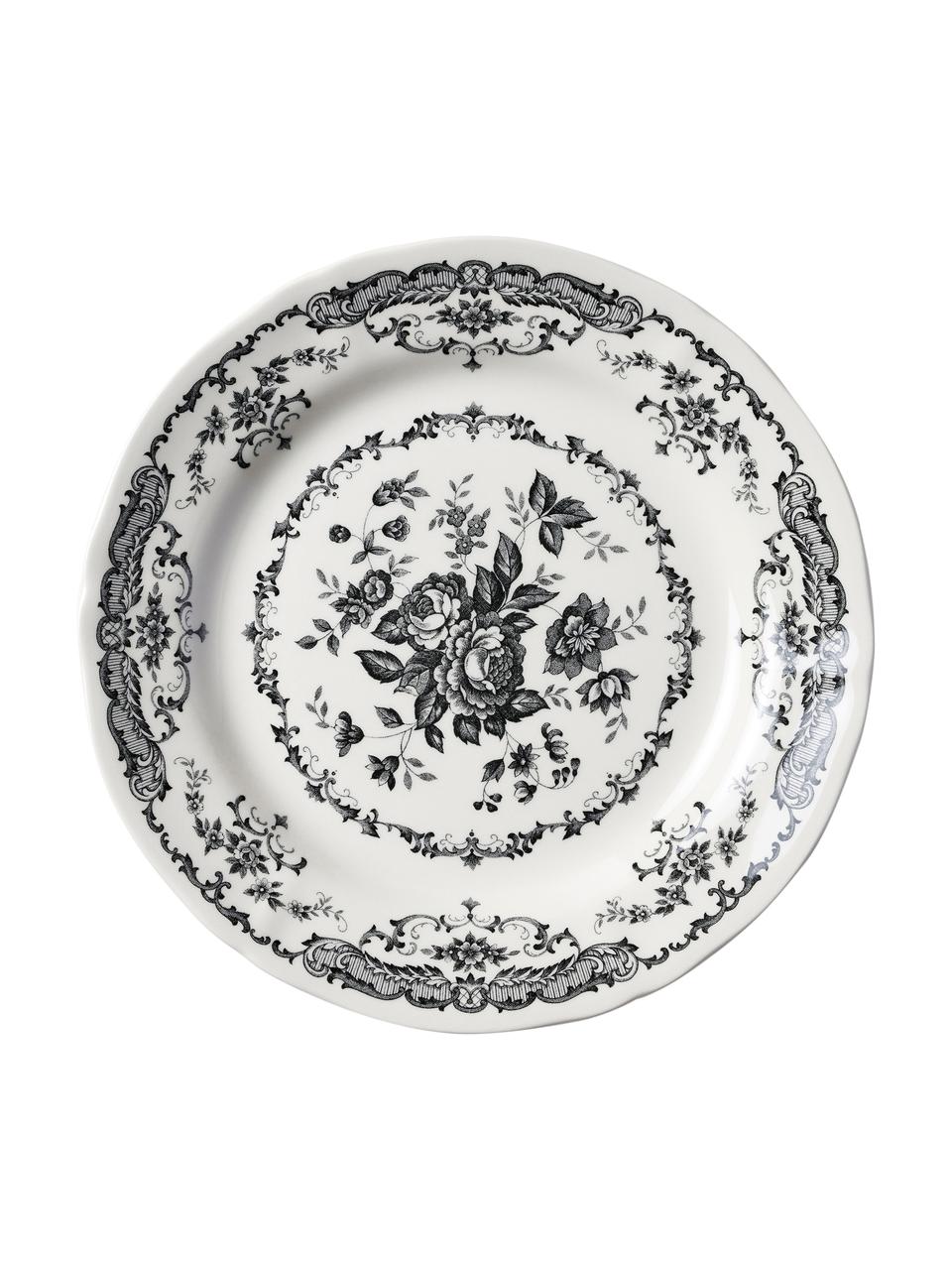 Mělký talíř s květinovým vzorem Rose, 2 ks, Keramika, Bílá, černá, Ø 26 cm, V 2 cm
