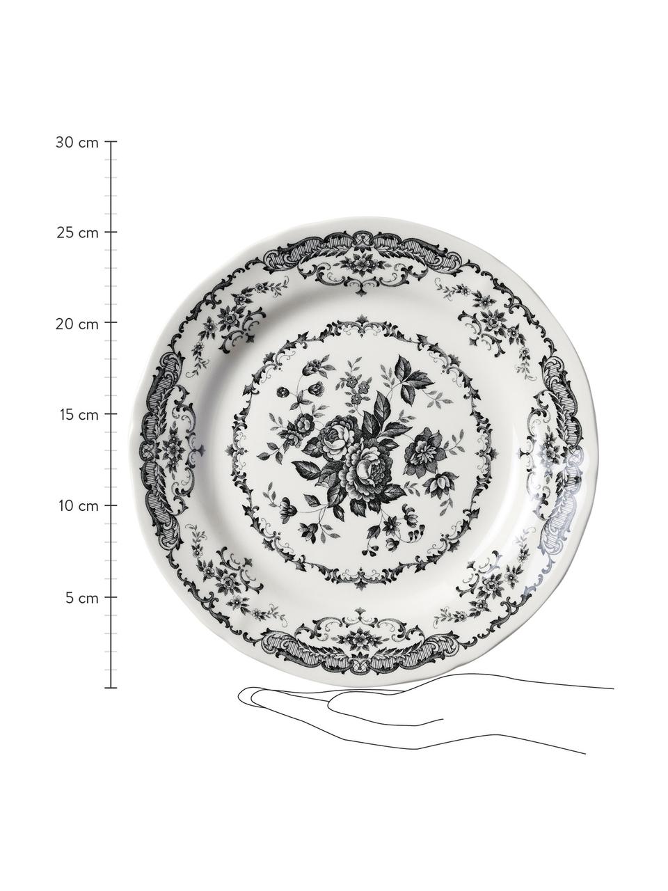 Mělký talíř s květinovým vzorem Rose, 2 ks, Keramika, Bílá, černá, Ø 26 cm, V 2 cm